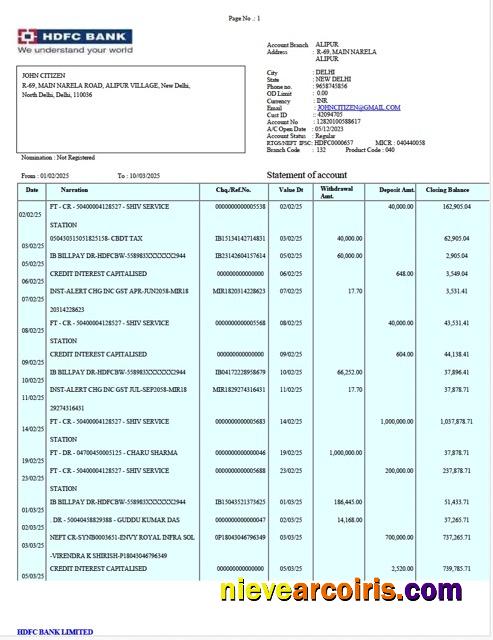 India HDFC Bank statement Word and PDF